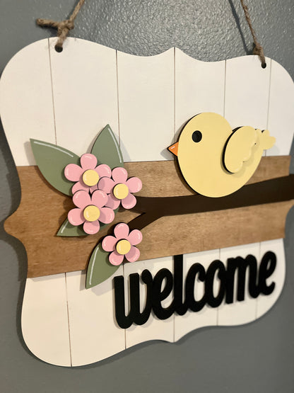 Welcome Birdie Floral Door Hanger