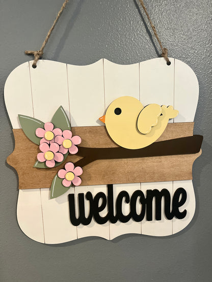 Welcome Birdie Floral Door Hanger